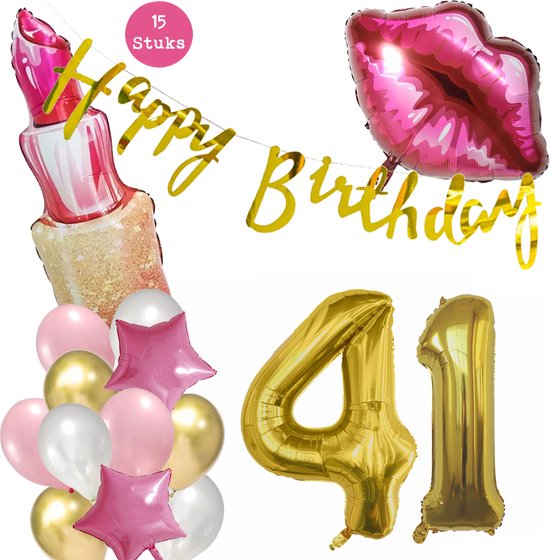 Snoes Beauty Helium Ballonnen Set 41 Jaar - Roze Folieballonnen - Slinger Happy Birthday Goud