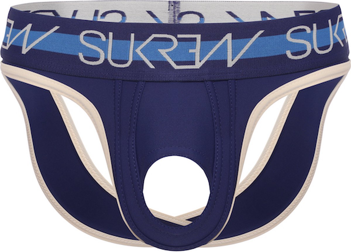 Goedkoopste Sukrew Classic U-Style V-Brief Navy/Cream - Maat S - Sexy Heren Ondergoed - Erotische Jockstrap met open voorkant