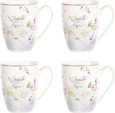 HAES DECO - Mug set de 4 - dim. 12x8x10 cm / 360 ml - coloris Wit / Violet / Jaune - Imprimé Fleurs - Collection : Butterfly - Mug set, Coffee mug, Coffee cup