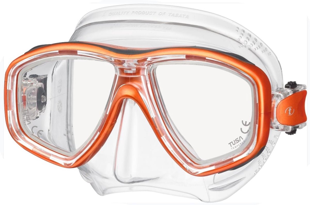 TUSA Freedom Ceos – Duikmasker met twee lenzen, comfortabele pasvorm dicht op het gezicht, Freedom Technology voor comfort en prestaties, hypoallergeen silicone – Transparant/Oranje – M-212 EO