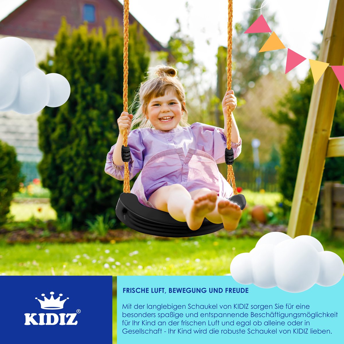 KIDIZ® Schommel Kinderschommel Set - Incl. Accessoires Schommelzitje PP-Touwen Schommelplank Tuin Buiten Binnenschommel voor kinderen om op te schommelen Plastic Hoogte Verstelbaar Antislip - Zwart — afbeelding 6