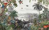 Fotobehang Tropical Jungle Wallpaper Palm Trees, Birds And Parrot In The River Land With Flying Butterflies - Vliesbehang - 460 x 300 cm
