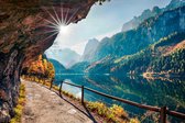 Fotobehang Sunny Autumn Scene Of Vorderer ( Gosausee ) Lake. Colorful Morning View Of Austrian Alps, Upper Austria, Europe. Beauty Of Nature Concept Background. - Vliesbehang - 300 x 210 cm