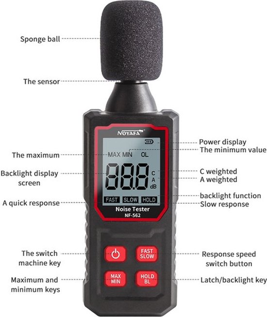 Noyafa - NF 562 - Decibelmeter - Smart Sensor -Zwart - Grijs - db meter - Geluidsmeters - Geluidsniveaumeter - 50 x 30 x 160 mm - Noyafa