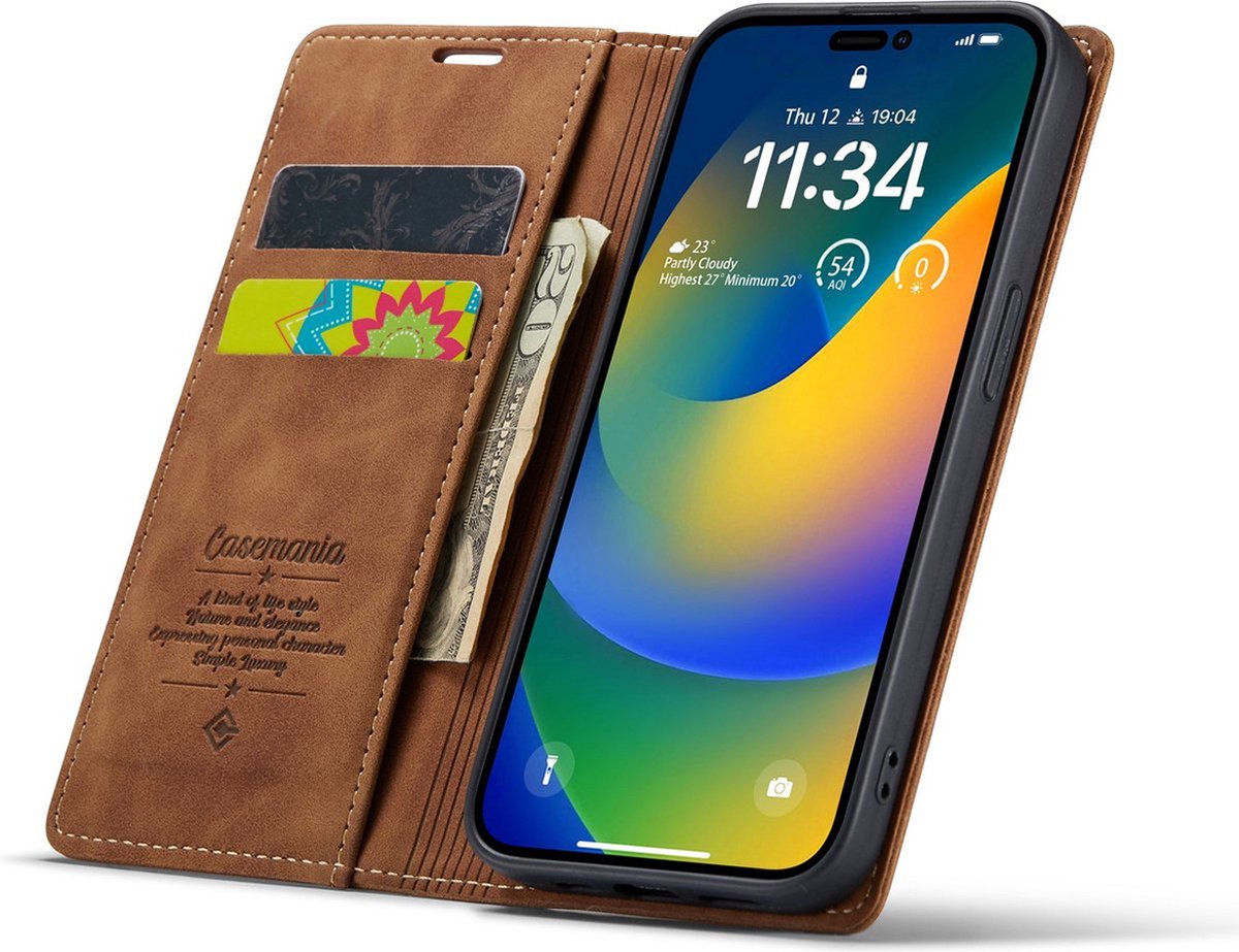 iPhone 14 Pro Max Bookcase hoesje - CaseMe - Effen Bruin - Kunstleer