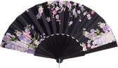 Cepewa Handwaaier/spaanse waaier Flowers - zwart - 30 cm - Verkoeling zomer