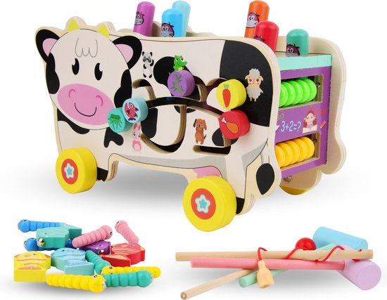 Kudie de Koe - 5 in 1 Houten Speelgoed Xylofoon - Hamerbank - Visspel - Activiteiten kubus - Montessori Speelgoed