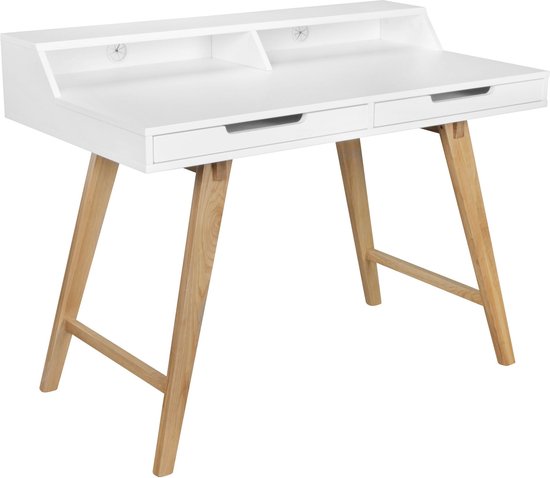 Rootz Werktafel - Scandinavisch Design - Laptoptafel met Kabelopening - Kantoortafel met Eiken Poot - Wit - 110x85x60cm