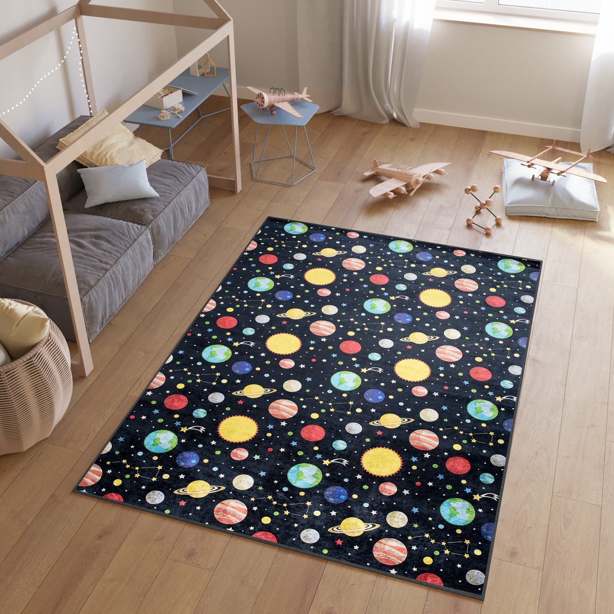Tapiso Emma Vloerkleed Kinderkamer Jeugdkamer Heelal Jongen Tapijt- 80x150 Zwart