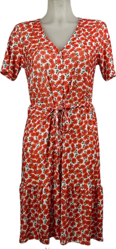 Angelle Milan – Travelkleding voor dames – Rode Bloemenjurk met Strik – Ademend – Kreukherstellend – Duurzame jurk - In 4 maten - Maat L