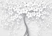 Fotobehang - Vlies Behang - Zilveren Boom met Bloemen 3D - 460 x 300 cm