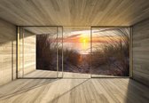 Fotobehang - Vlies Behang - 3D Raamzicht op de Duinen, Strand, Zonsondergang en Zee - 312 x 219 cm