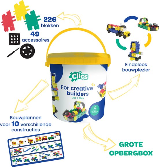 Clics Build & Play 10-in-1 bouwblokken– DUURZAAM SPEELGOED gemaakt van GERECYCLEERDE kunststof- bouwset 10 in 1 - speelgoed 4,5,6,7,8 jaar jongens en meisjes- educatief speelgoed- Montessori speelgoed- constructie speelgoed