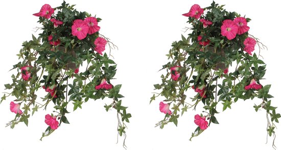 2x stuks groene Petunia kunstplant met donkerroze bloemen 50 cm - Kunstplanten/nepplanten hangplanten