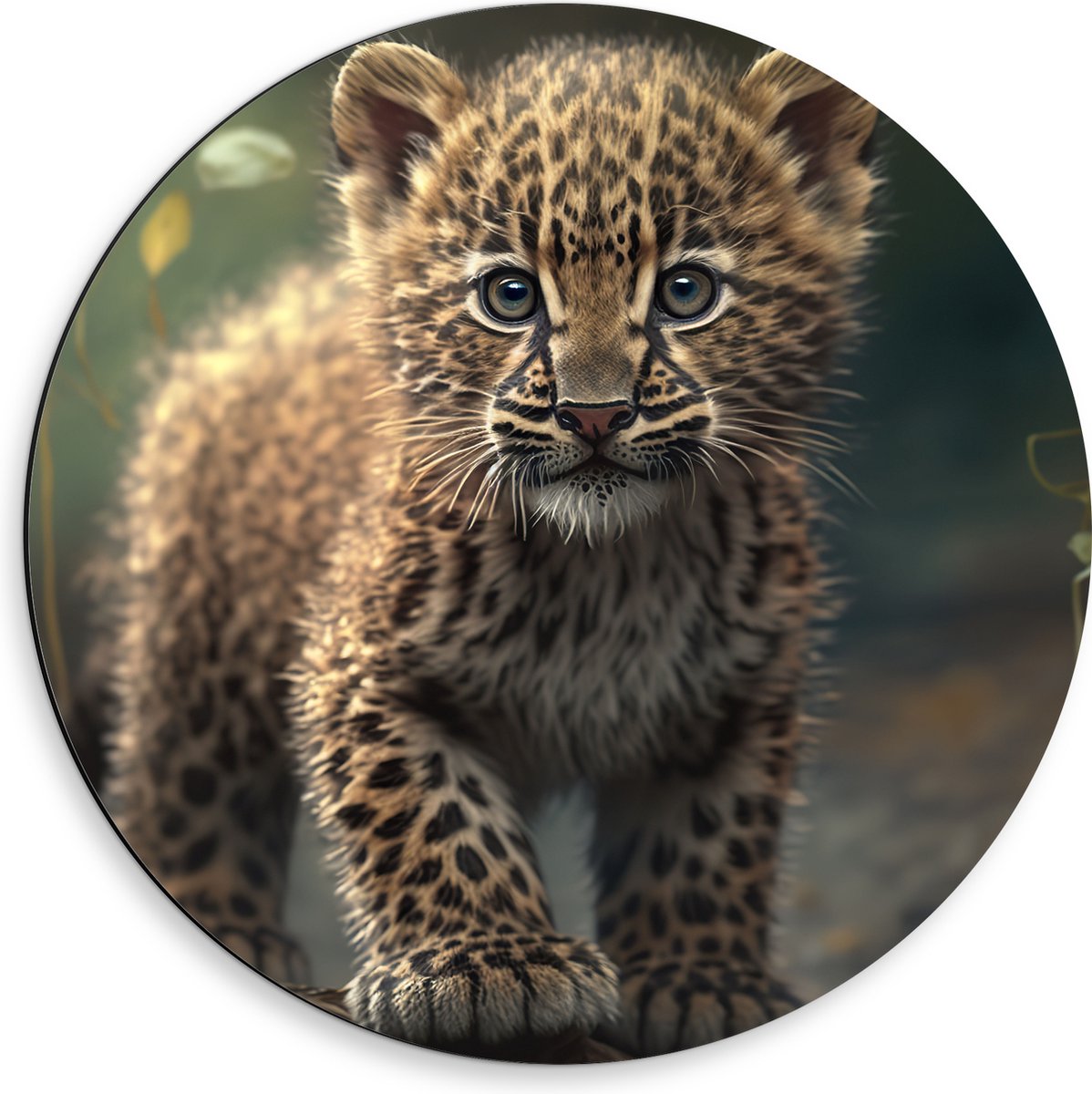 Dibond Muurcirkel - Pluizige Baby Luipaard lopend over Boomstronken - 50x50 cm Foto op Aluminium Muurcirkel (met ophangsysteem)
