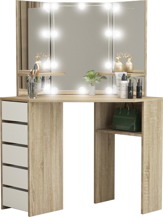 Coiffeuse blanche 2 tiroirs Miroir LED + Tabouret Table manucure