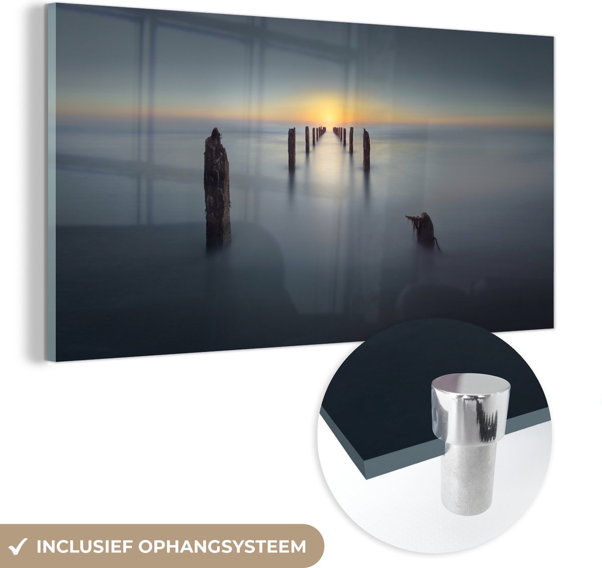 Glasschilderij - Zee - Zonsondergang - Palen - Blauw - Foto op glas - 40x20 cm - Schilderi