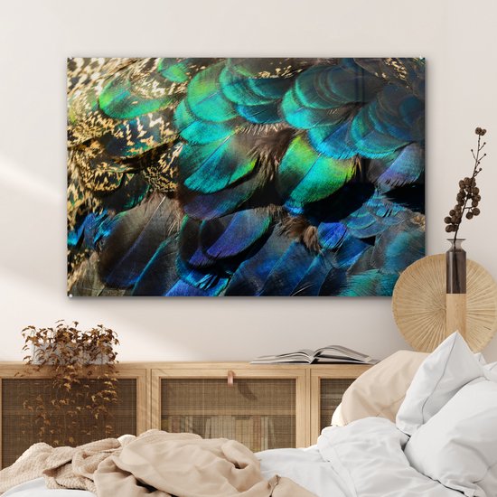 Glasschilderij - Foto op glas - Schilderij glas - Slaapkamer - Woondecoratie - Veren - Pauwveren - Pauw - Blauw - Kunst - Muurdecoratie - Woonkamer decoratie - 120x80 cm - Glasplaat