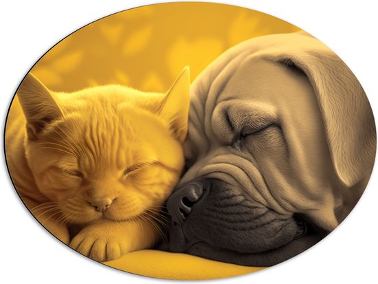 Dibond Ovaal - Liefdevolle Slapende Kitten bij Puppy - 68x51 cm Foto op Ovaal (Met Ophangsysteem)