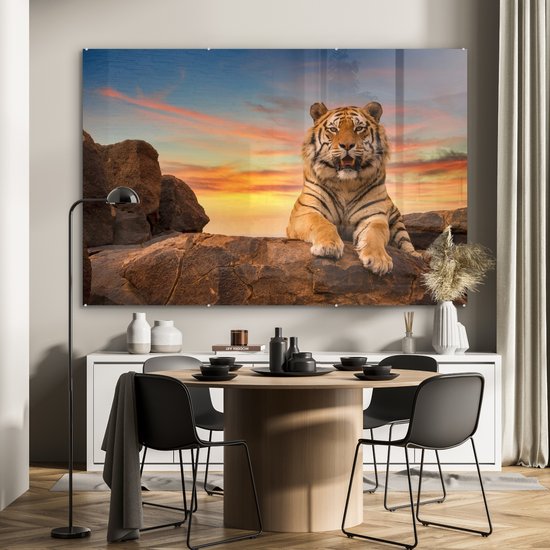 MuchoWow® Peinture sur verre - Tigre - Soleil - Rochers - 180x120 cm - Peintures sur verre acrylique - Photo sur Glas