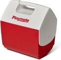 Witte koelbox met rood voorpaneel en 'Playmate Igloo' logo, schuin van de zijkant gezien.