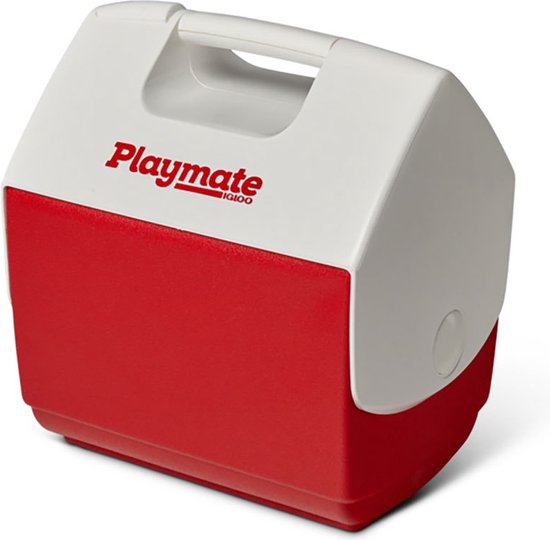Witte koelbox met rood voorpaneel en 'Playmate Igloo' logo, schuin van de zijkant gezien.