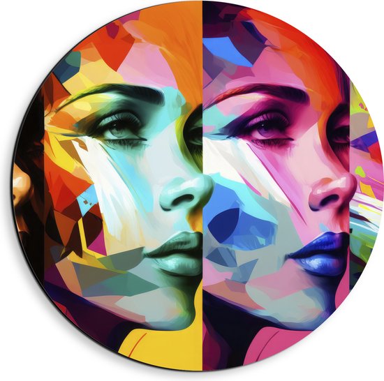 Dibond Muurcirkel - Artistieke Collage van Zijaanzichten van Kleurrijke Vrouwen - 40x40 cm Foto op Aluminium Muurcirkel (met ophangsysteem)