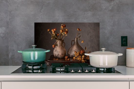 Spatscherm keuken 60x40 cm - Kookplaat achterwand Stilleven - Bloemen - Vaas - Donker - Muurbeschermer - Spatwand fornuis - Hoogwaardig aluminium