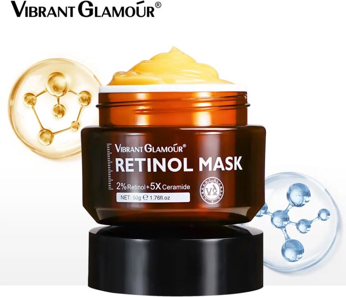 VIBRANT GLAMOUR Retinol Gezichtsmasker – Anti Rimpel Nachtmasker met Ceramiden, Centella Asiatica & Aloë Vera – Huidbarrière Herstel – Tegen Fijne Lijntjes & Ongelijkmatige Huidtextuur