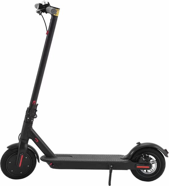 Zwarte elektrische step, zijanzicht met gevouwen stuurkolom. Rood op de remklauw en achterspatbord.