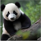 Poster Glanzend – Aankijkende Panda op Boomstam in het Bos - 50x50 cm Foto op Posterpapier met Glanzende Afwerking