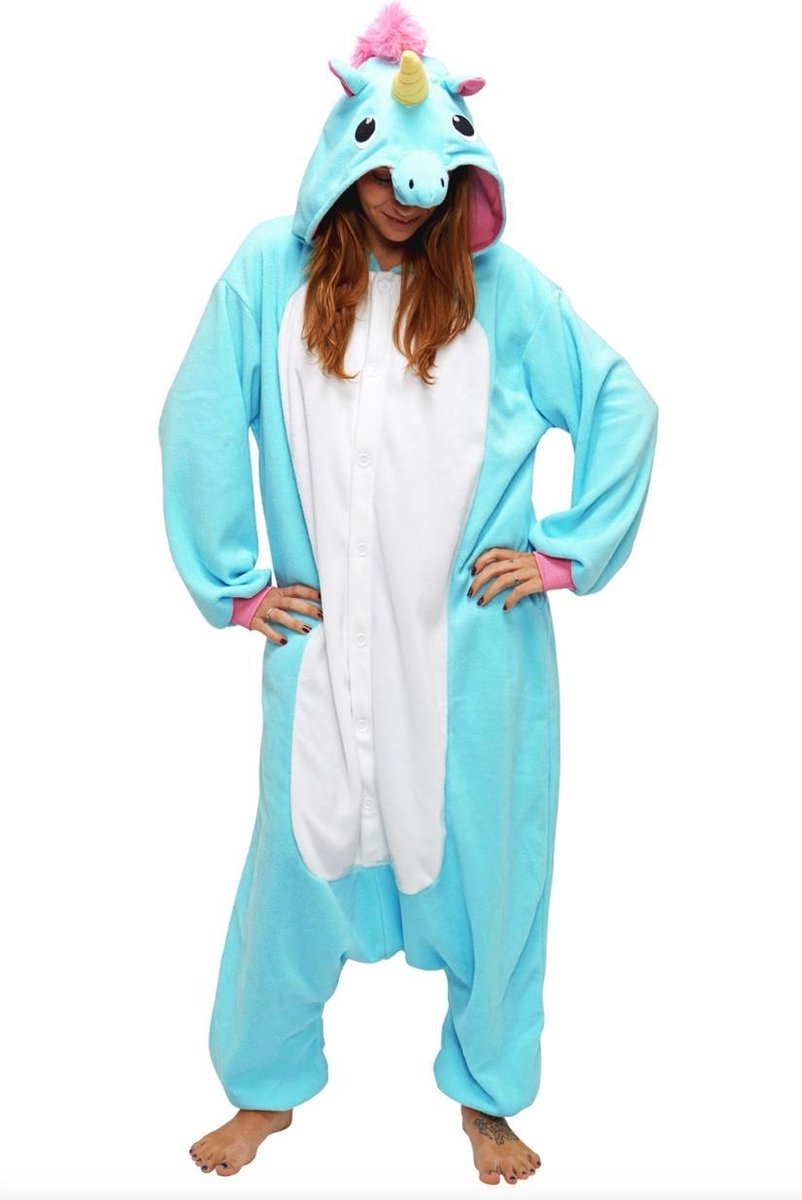 KIMU Onesie eenhoorn pak blauw unicorn kostuum - XS-S - huispak 152 158 |  bol.com