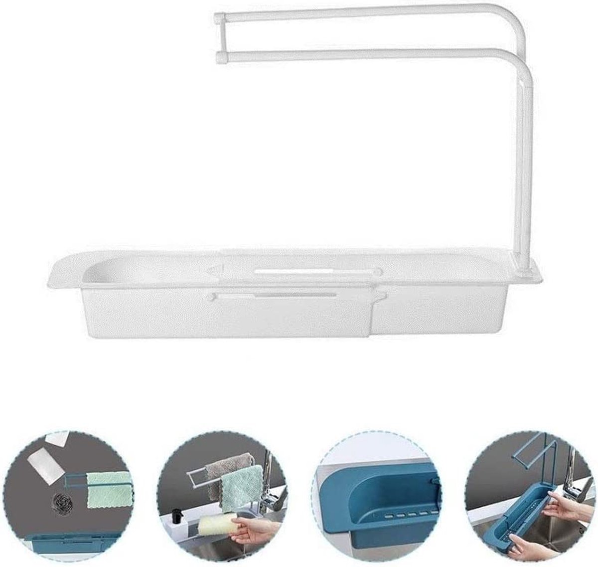 Roestvrijstalen telescopische gootsteen Caddy Organizer met zeepsponshouder en vaatdoek Hanger