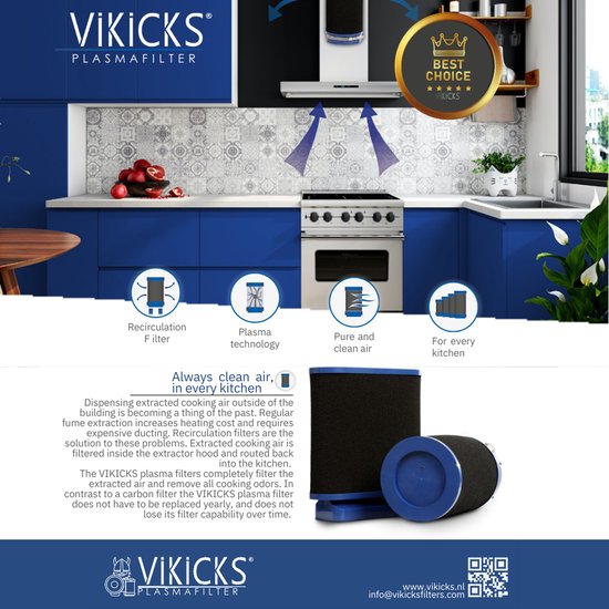 Vikicks VR350 - Plasmafilter 1000 m³ - Luchtfilter tbv recirculatie afzuigkappen - Koolstoffilter voor afzuigkap Vikicks Keukenapparatuur