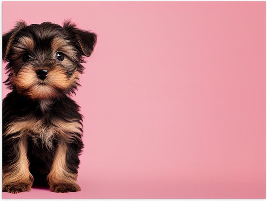 Poster (Mat) - Poserende Yorkisch Terrier Puppy in het Bruin met Zwart tegen Roze Achtergrond - 40x30 cm Foto op Posterpapier met een Matte look