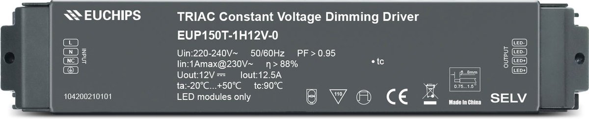 EUCHIPS - TRIAC/ELV - Dimbare LED driver - 12V - 150W - 12.5A