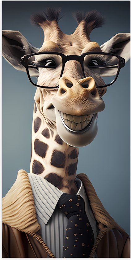 Poster Glanzend – Lachende Giraffe met Bril in Nette Blouse - 50x100 cm Foto op Posterpapier met Glanzende Afwerking