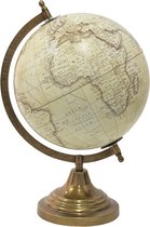 HAES DECO - Decoratieve Wereldbol met metalen messingkleurige voet - formaat 22x33cm - kleuren Bruin / Beige - Vintage Wereldbol, Globe, Aarbol