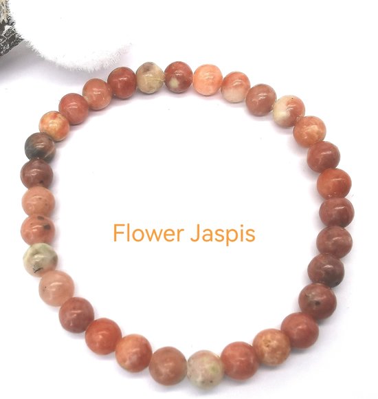 Armband - FLOWER JASPIS – 6mm Kralen - edelsteen – 22 cm - werking - brengt vrouwelijk hormonen in balans en De steen kan je helpen om eenzaamheid te overwinnen door je kracht en moed te schenken.