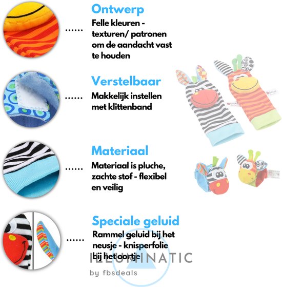 Baby Rammelaar - Rammelaar Sokjes en Armbandjes - Pols en Voetrammelaar - Speel en Voetzoeker Sokken - Baby Sokjes - Pluche Knuffels - Rammelaar - Belletjes - Illuminatic® - Zebra & Giraffe 3 - 1 Set, 4 Stuks van Illuminatic® — afbeelding 3