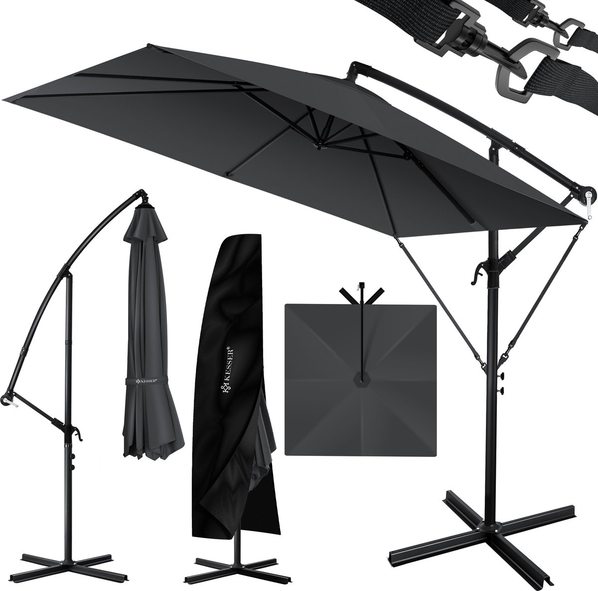 KESSER® Parasol Holly Rechthoekig + Hoes + Windbescherming met zwengel Zwengel Paraplu met standaard UV-bescherming Aluminium Waterafstotend Ø250cm Paraplu Tuinparasol Marktparasol - Zonder LED, Antraciet