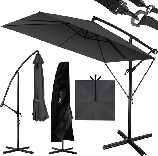 KESSER® Parasol Holly Rectangulaire + Housse + Protection vent avec manivelle Parasol à manivelle avec protection UV standard Aluminium Hydrofuge Ø250cm Parasol Parasol de jardin Parasol de marché - Sans LED, Anthracite
