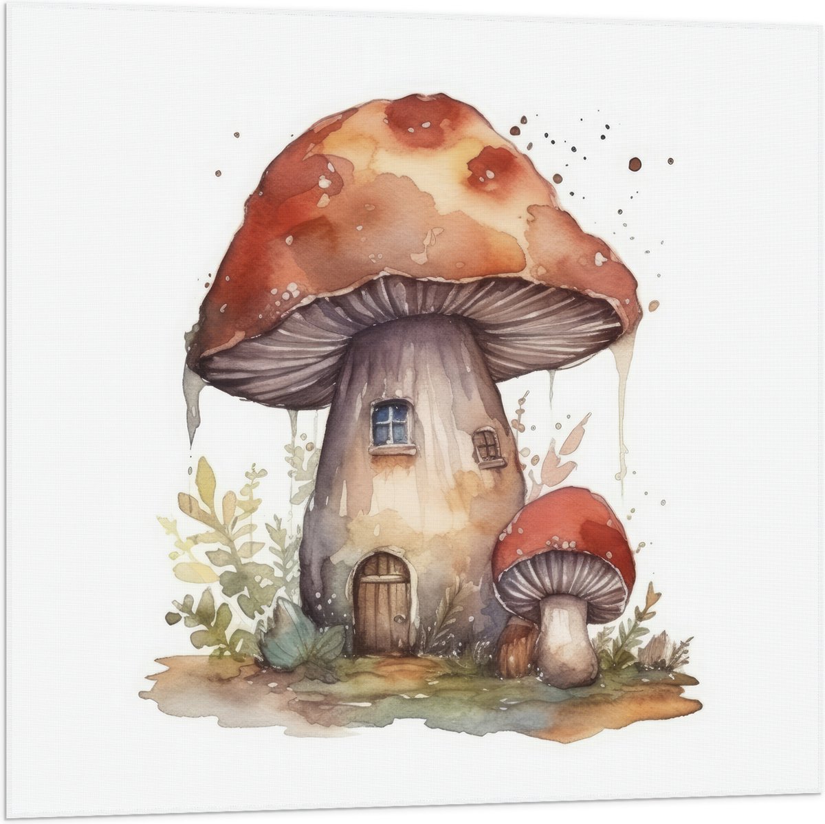 Vlag - Waterverf Tekening van Paddenstoelen Huisje - 80x80 cm Foto op Polyester Vlag