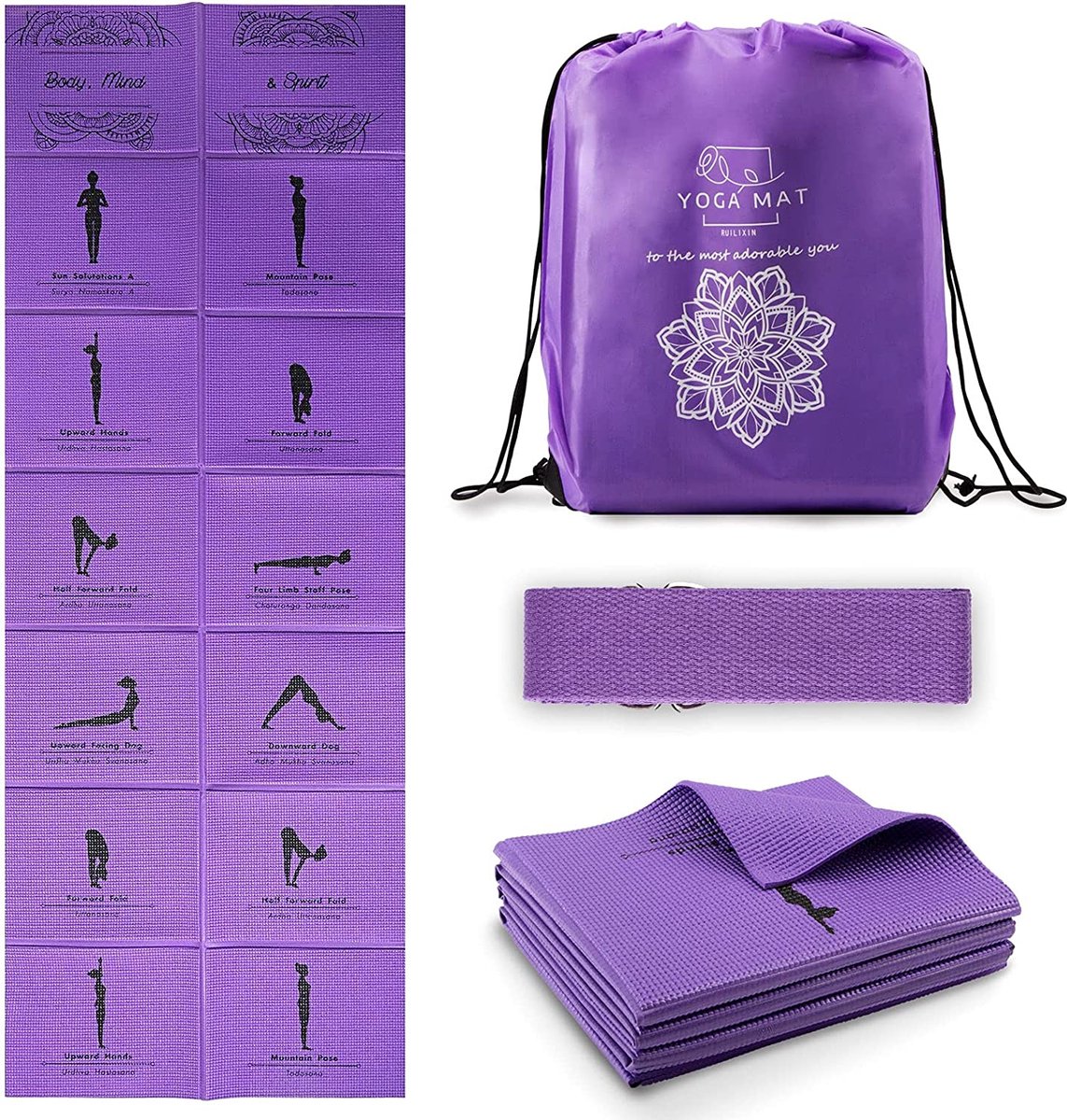 Opvouwbare yogamat voor dames, antislip oefenmat voor thuis, sportschool, reizen, yogaset met stretchband voor yoga, pilates en fitness