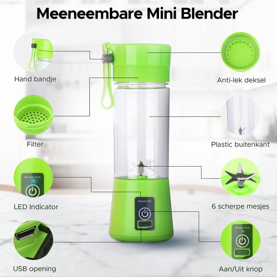 Draagbare blender - On the go - Mini - Portable - Draadloos - Voor onderweg - Smoothie maker - Beker - To go - Groen van Merkloos — afbeelding 3
