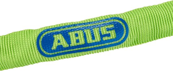Detail van een lichtgroen kettingslot met een blauw ABUS logo.