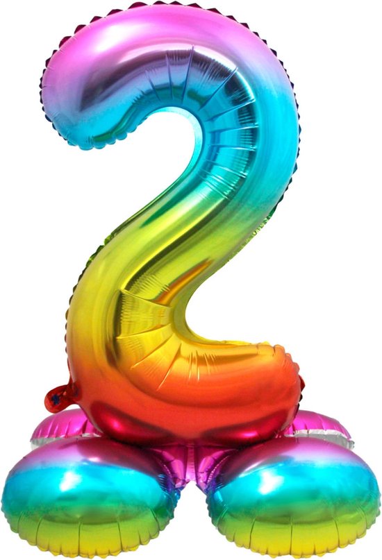 Folie ballon cijfer regenboog met standaard 81 cm - Cijfer 2