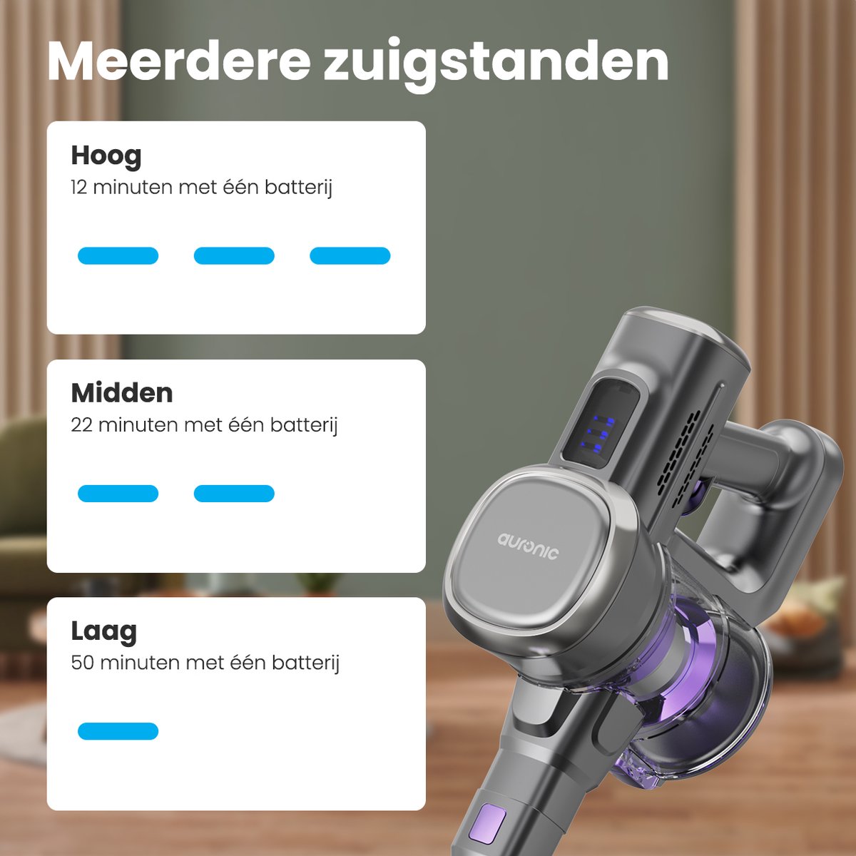 Auronic Steelstofzuiger Draadloos 220W - Draadloze Stofzuiger - HEPA Filter - Zelfstaand - Op Accu - Zonder Zak - Kruimeldief - Vacuum Cleaner - Grijs/Paars — afbeelding 5