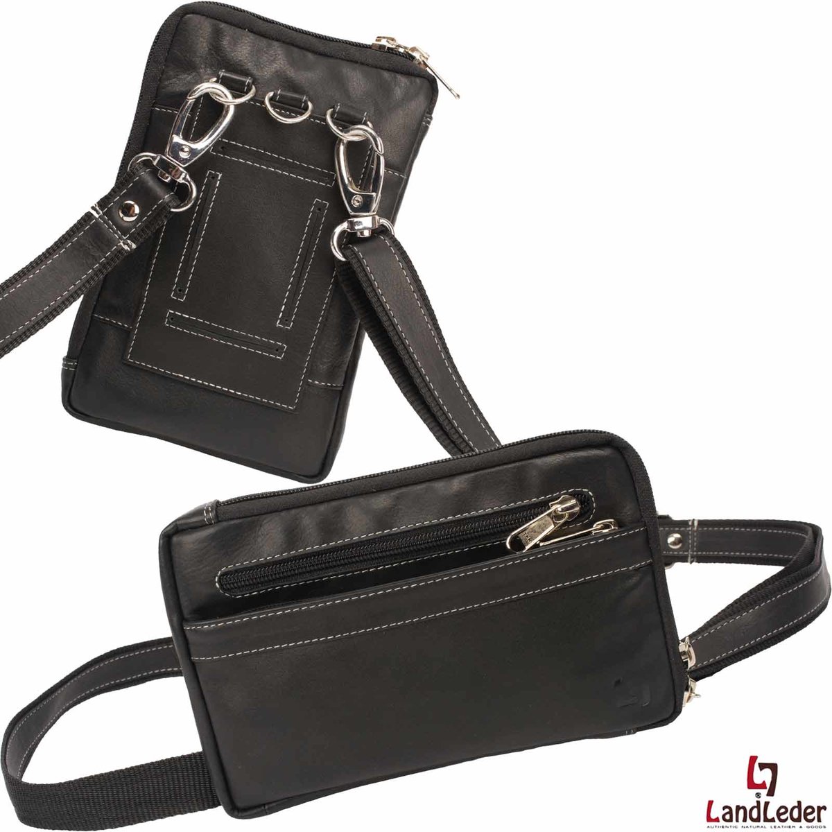 Landleder - Luxe Crossbody / Heuptas - Gordeltas - Telefoontas - ”Black & White” -Leer - Zwart - afmeting 21 x 4 x 14 cm.