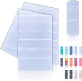 Set van 2 LAYNENBURG Premium fouta hammam handdoek met handgeknoopte franjes - 100% katoen hamamdoek 95x180 cm - OEKO-TEX 100 pestemal strandlaken - saunahanddoek & strandlaken (Lichtblauw)
